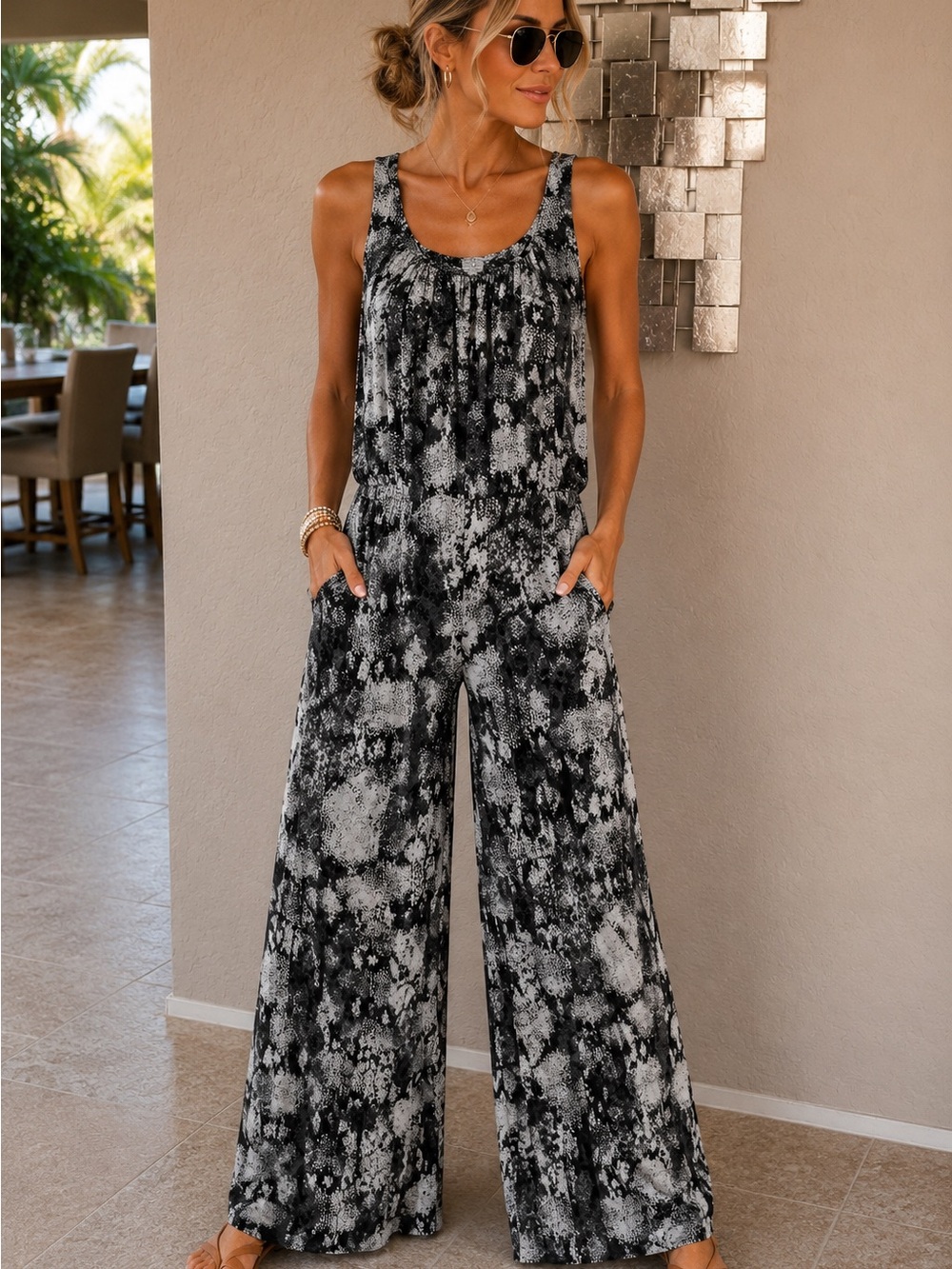 Chelsea & Theodore Black and Gray Printed Sleeveless Jumpsuit